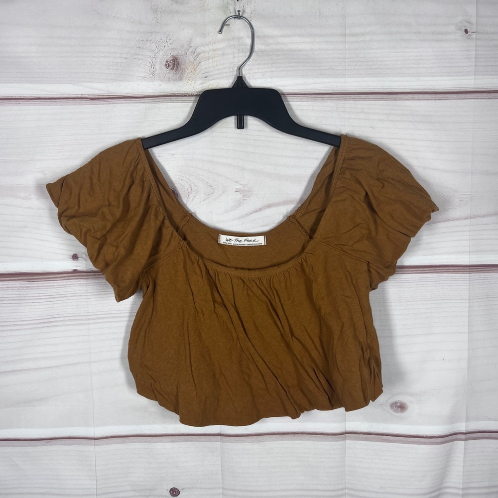 We The Free Top Womens XS Brown Crop Free People Short Sleeve Scoop Neck T-Shirt